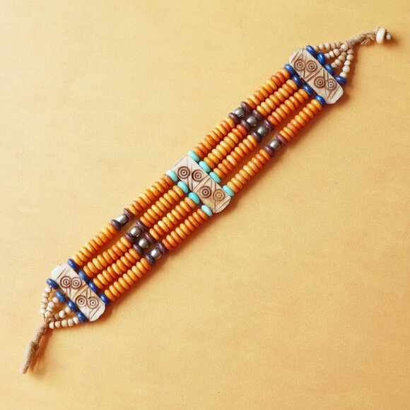 Vintage 1970s Beaded Boho Bracelet – Orange & Turquoise Southwestern Style - Picture 1 of 4